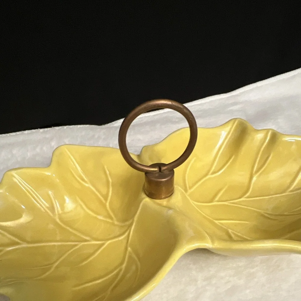 Vintage Yellow Leaf Divided Ceramic Serving Tray w/ Metal Handle USA MCM